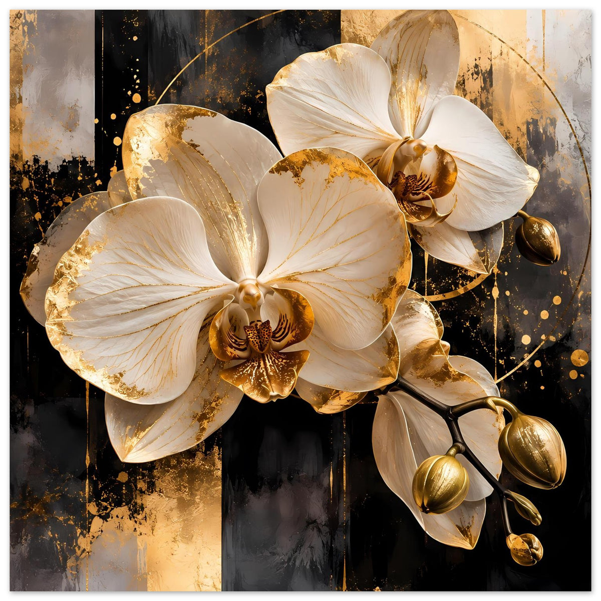 Orchideenposter mit Elfenbeinblüten und goldenen Akzenten, vollständig sichtbare Orchideenranke