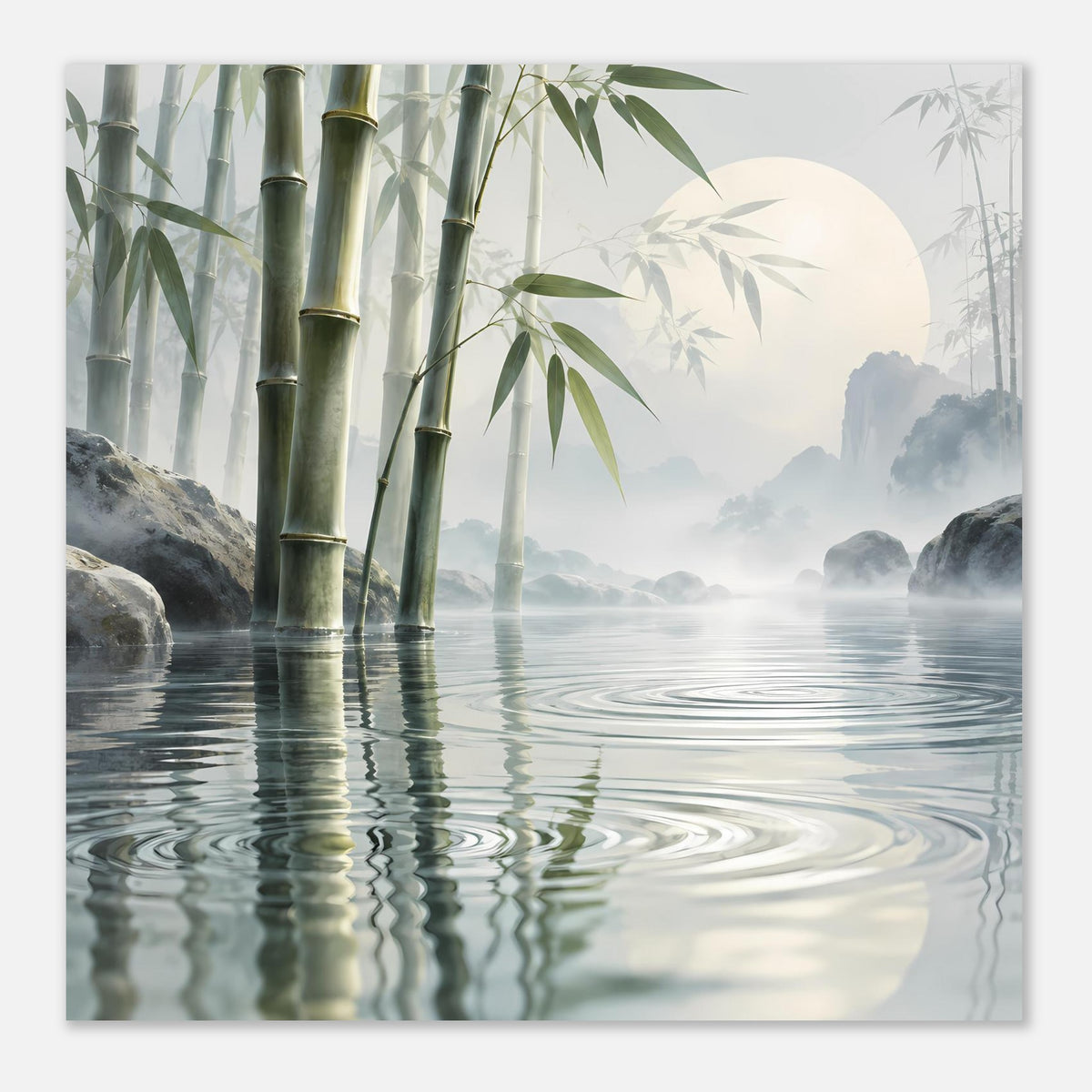 Bambus-Reflexionsposter im Querformat, Bambus links und Wasser mit glatten Wellenlinien