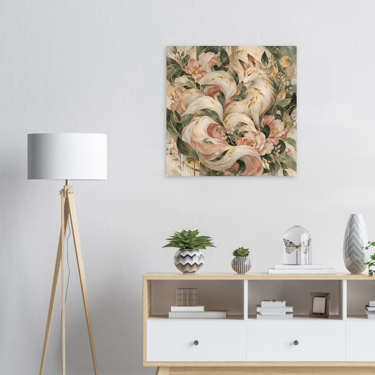 Quadratisches Poster mit Fuchsmotiv in Rosé-, Grün- und Goldtönen