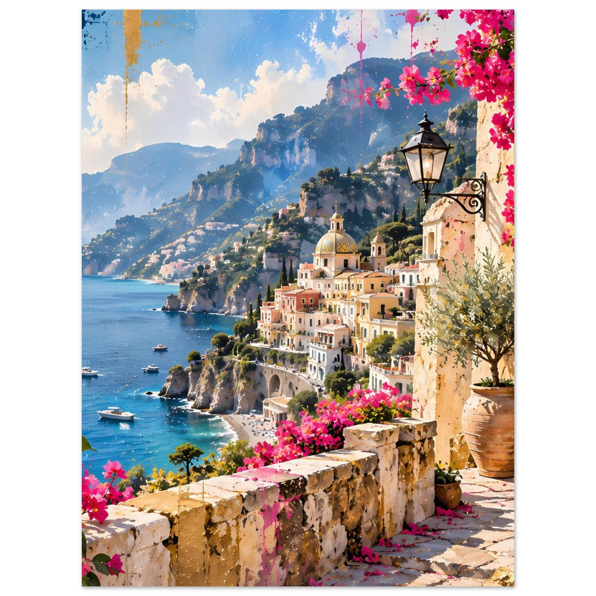 Vertikales Poster mit mediterraner Küstenstadt: Meer, Felsen, rosa Blüten und Tongefäß