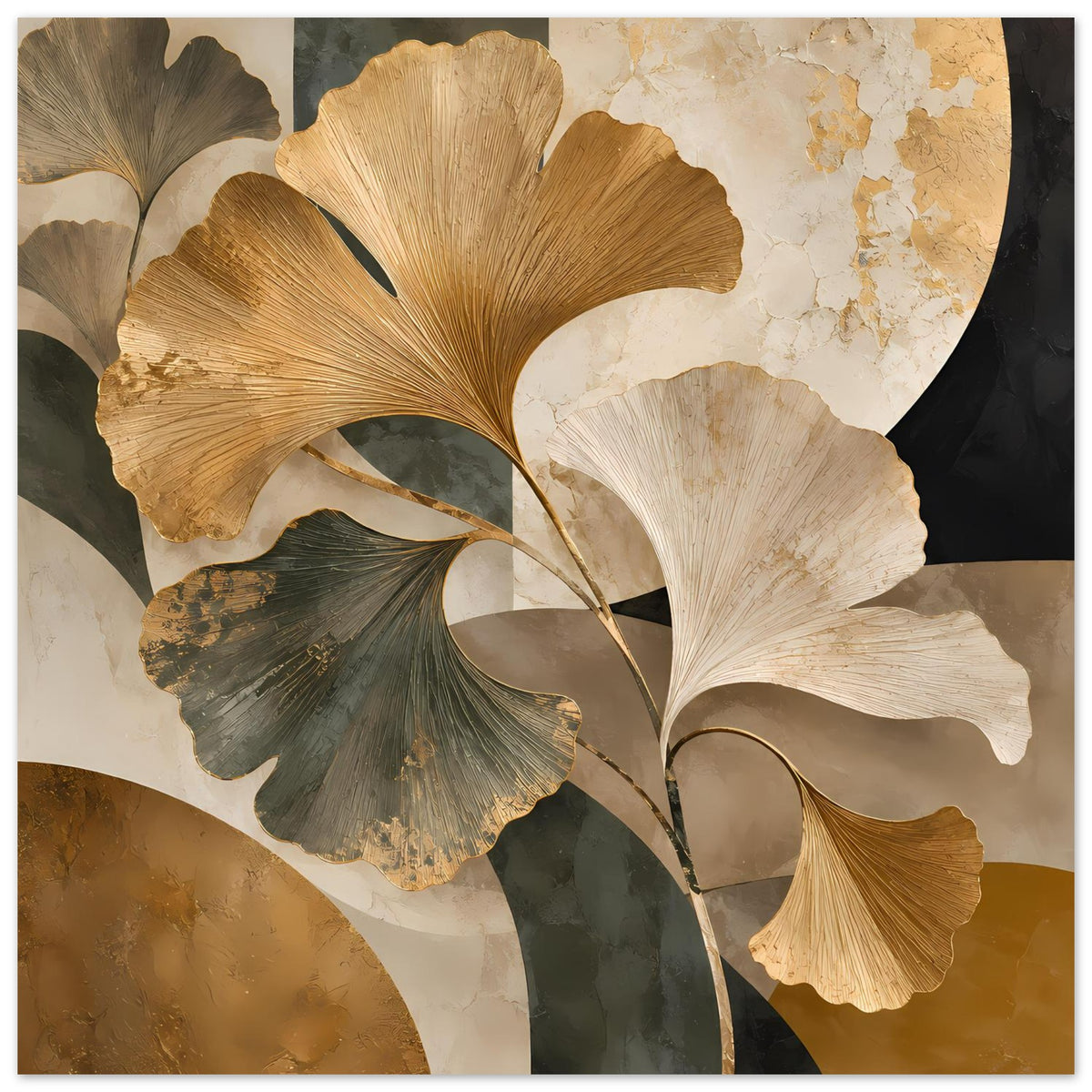Botanisches Poster mit großen Ginkgo-Blättern in Gold und Dunkelgrün, gerahmt