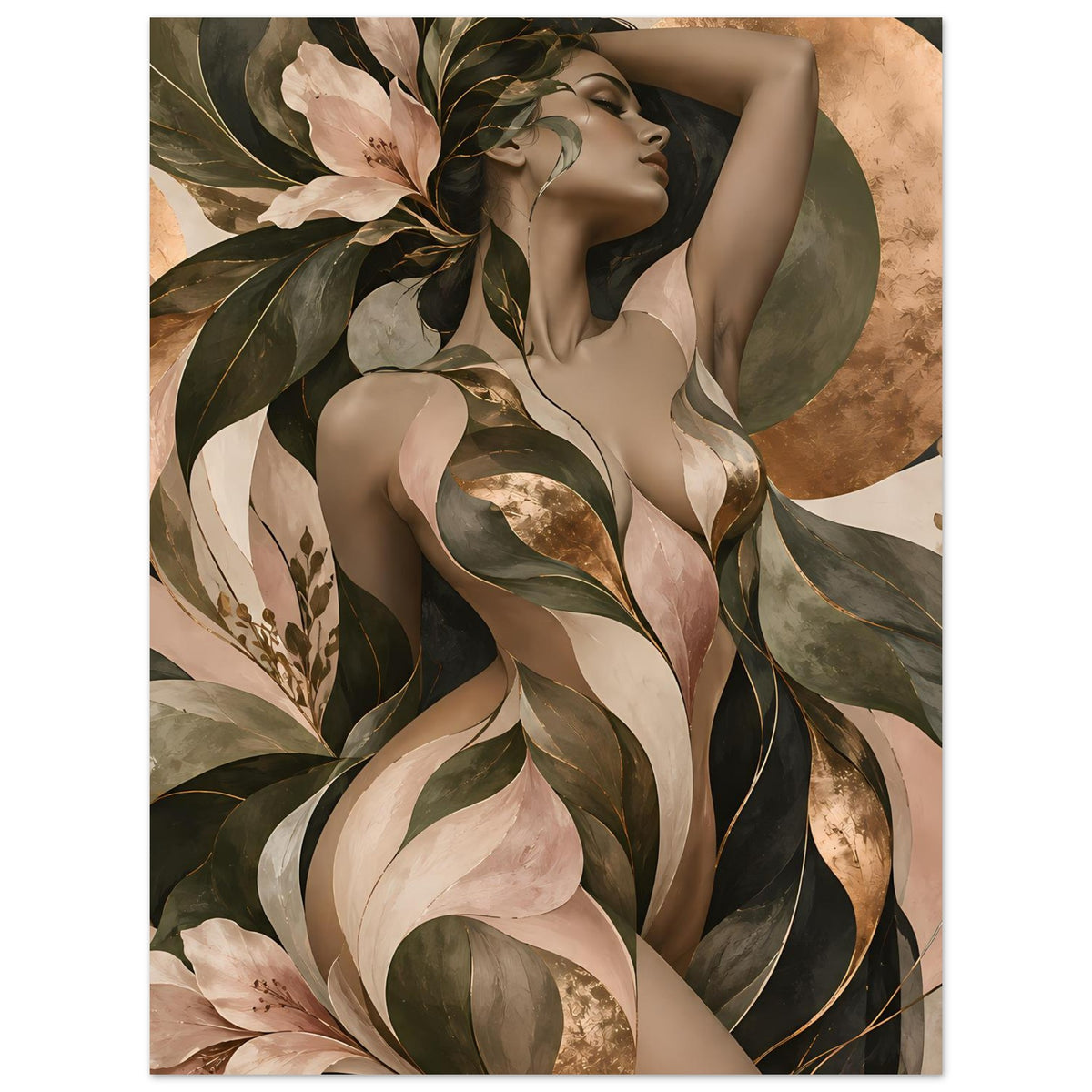 Poster mit Frauenakt, florales Blattwerk in Braun-, Beige- und Goldtönen