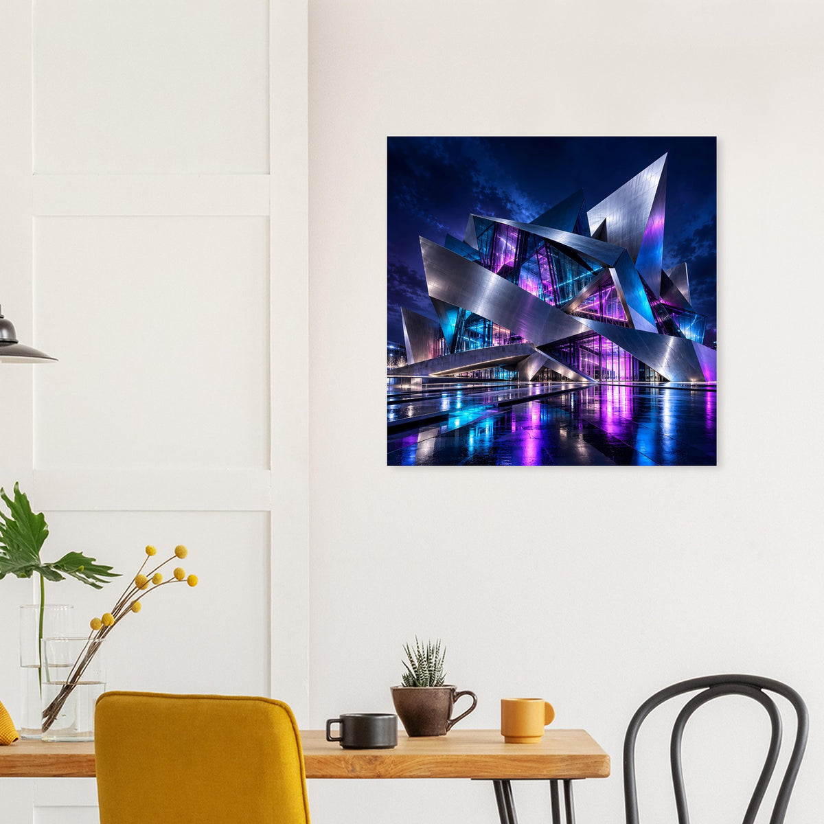 Futuristisches Architekturposter mit farbigen Lichtbahnen und futuristischen Brücken