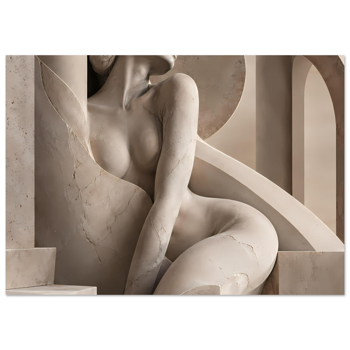 Horizontales Poster mit Skulpturen-Porträt, steinerner Torso, warmes Beige und Sepia
