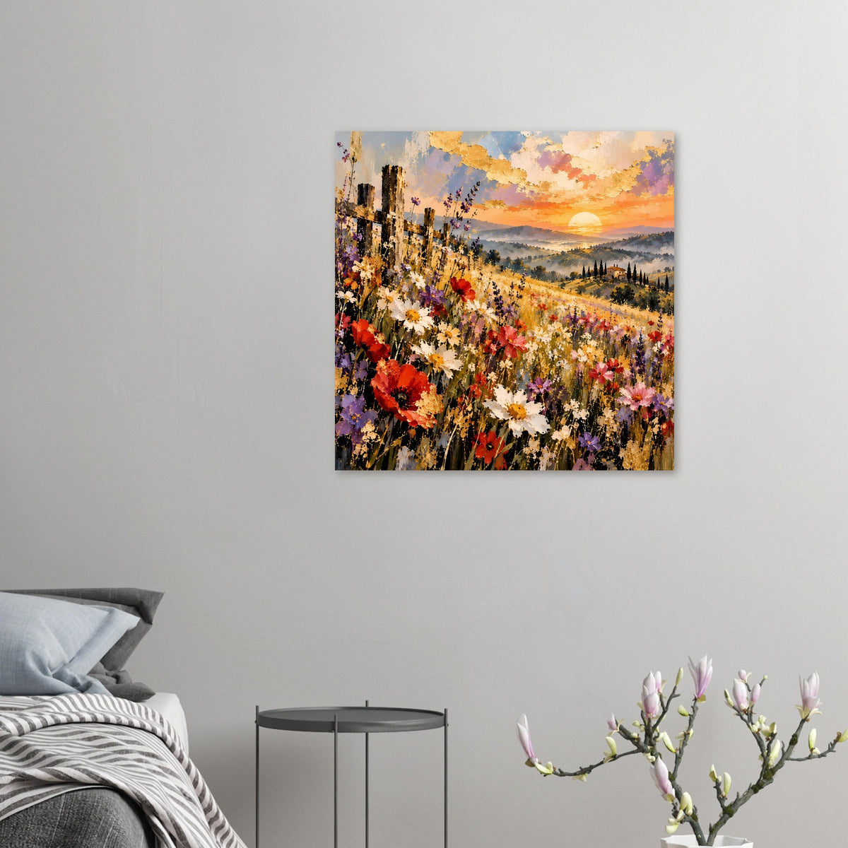 Gerahmtes Landschaftsposter mit Feld voller Blüten, Mohnblumen und orangefarbener Abendsonne