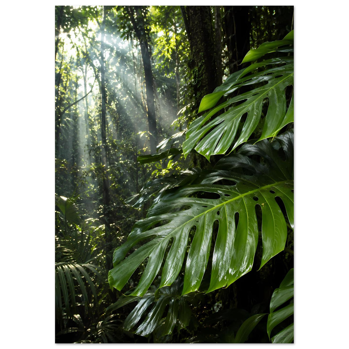 Dschungelposter mit grünen Farn- und Monstera-Blättern, Sonnenstrahlen, vertikales Layout