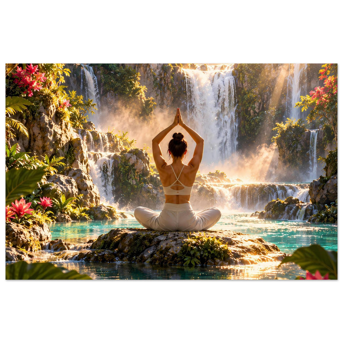 Yoga-Meditationsposter: Frau im Lotussitz vor Wasserfall, umgeben von Tropenpflanzen