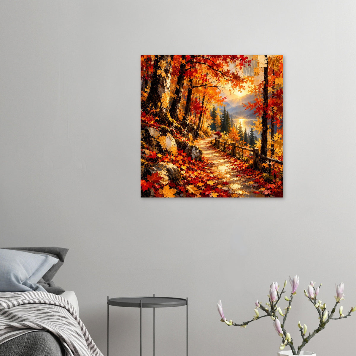 Kleines Herbstposter mit Waldweg, buntem Laub und Licht über den Baumkronen