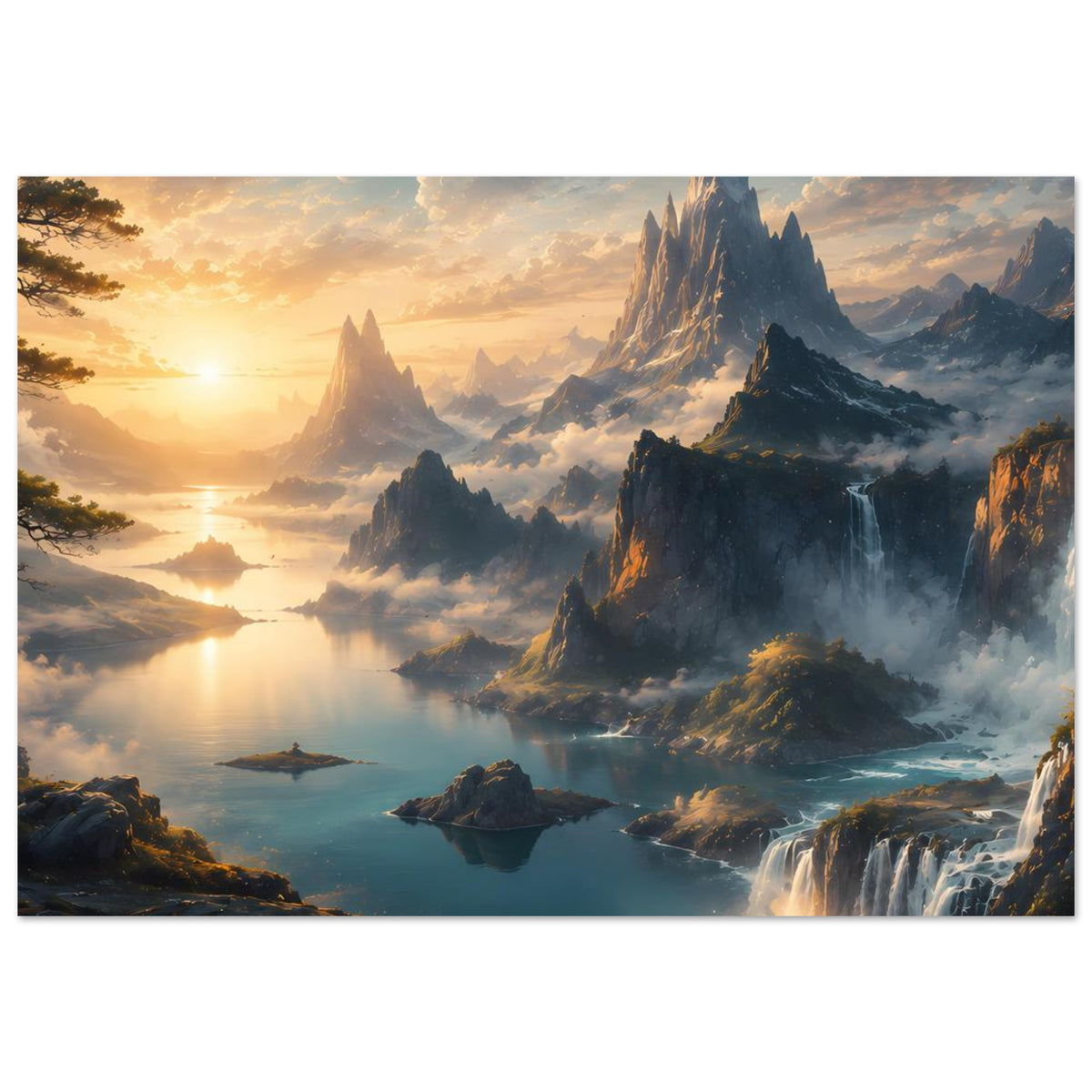Poster mit Bergsee, Felseninseln, Wasserfall rechts und goldenem Licht am Morgenhimmel
