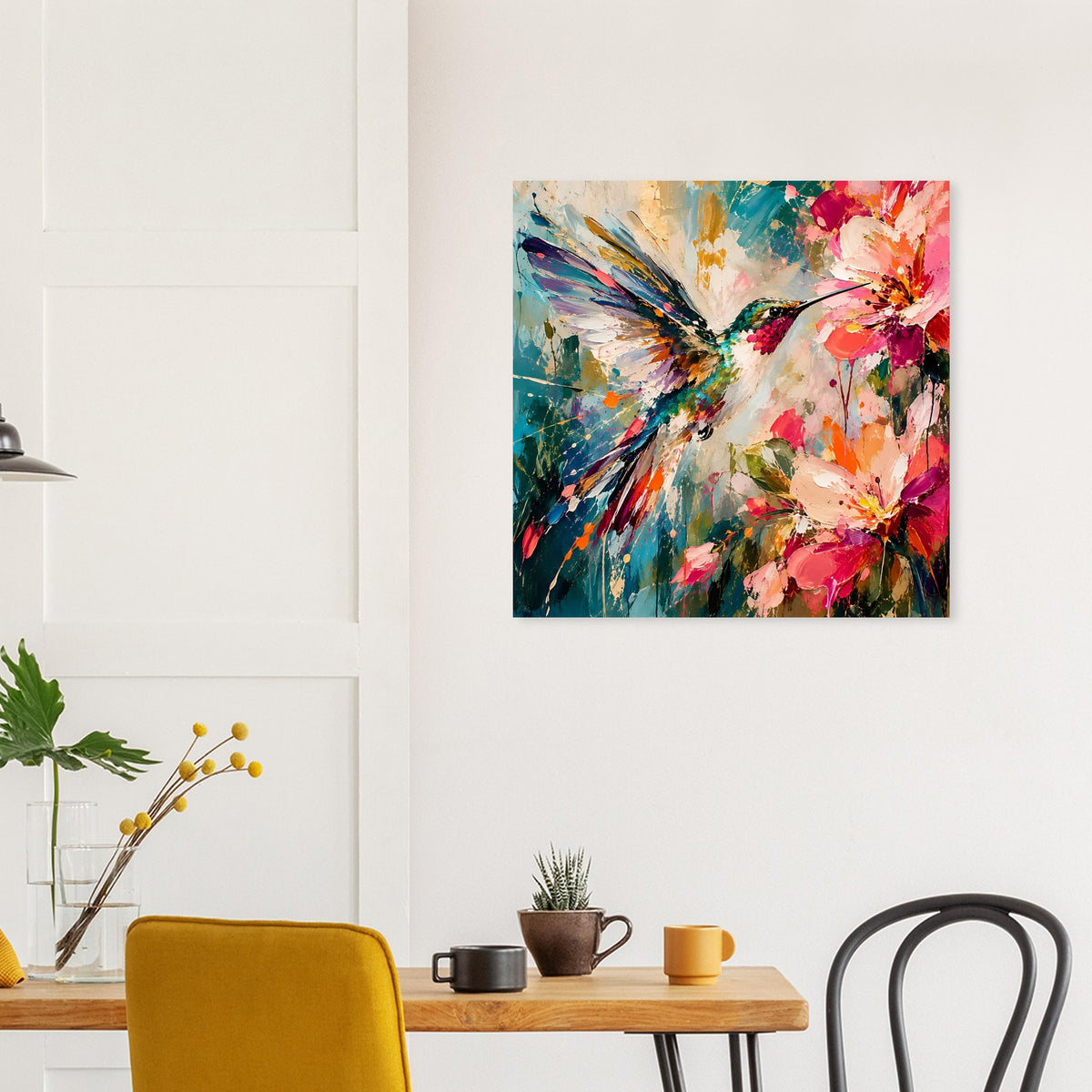 Poster mit Kolibri und Blüten in bunten Spritzern und Farbverläufen