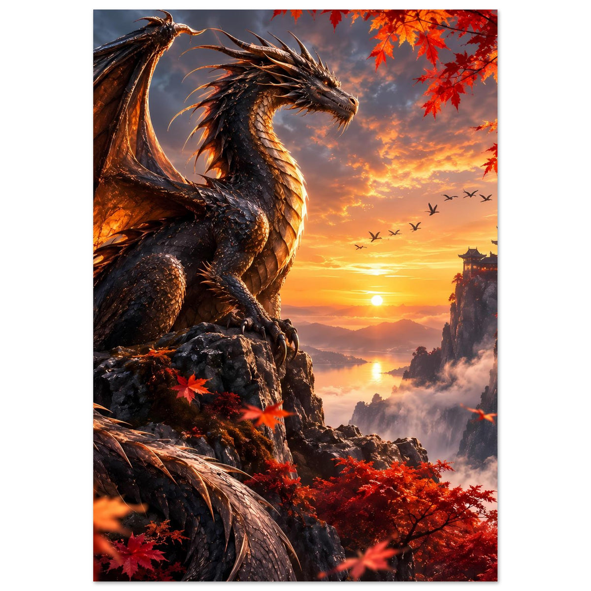Poster mit Drachen auf Felstreppe, rote Blätter und Tempelturm bei goldenem Sonnenuntergang.