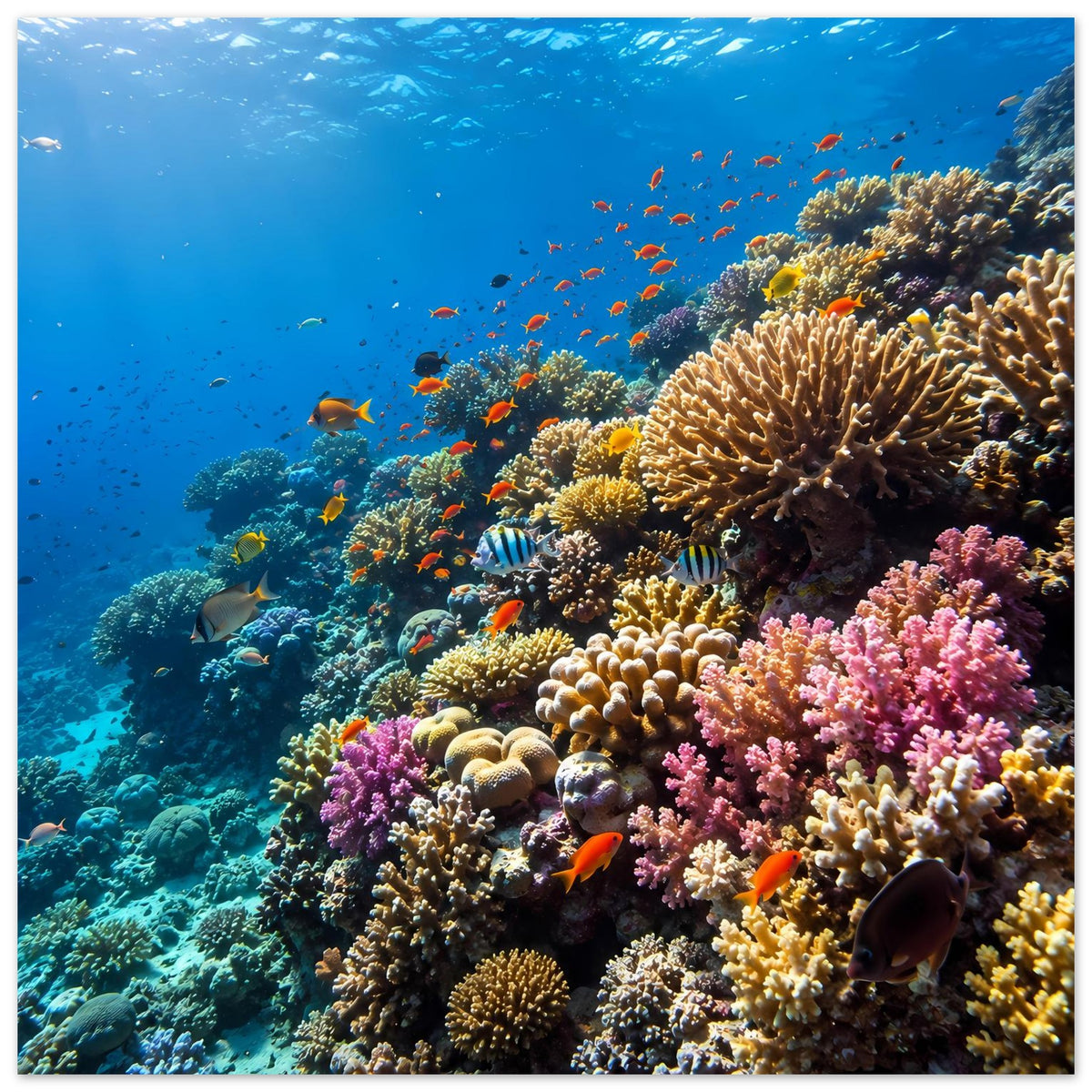 Korallenriff-Poster mit bunten tropischen Fischen und farbigem Korallenriff im Meer