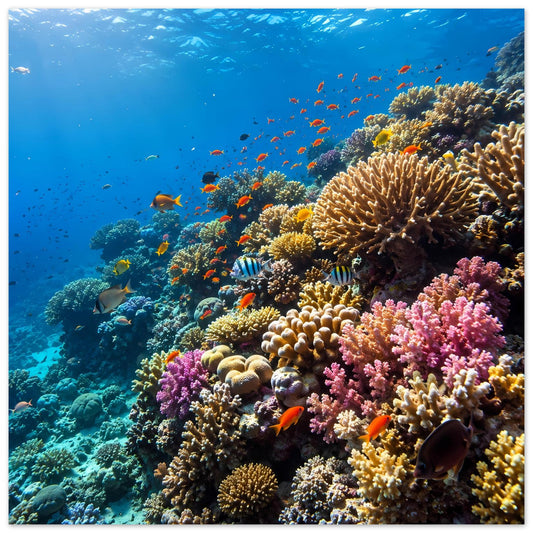 Korallenriff-Poster mit bunten tropischen Fischen und farbigem Korallenriff im Meer
