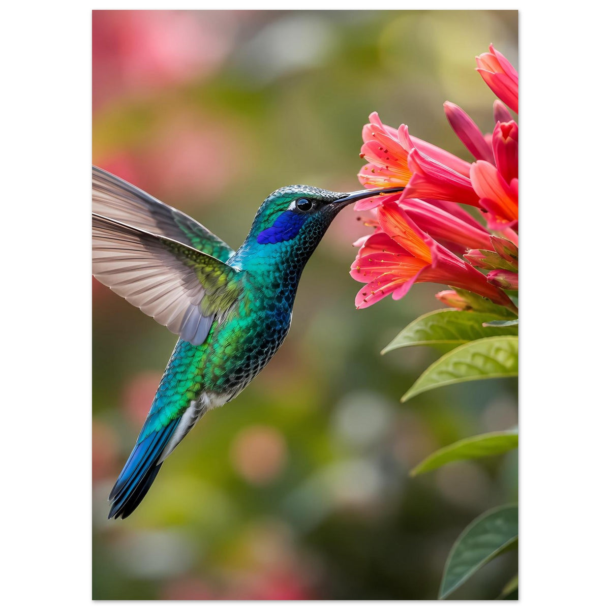 Naturposter im Hochformat: Kolibri an rosa Blüten, grün-blau schillernd