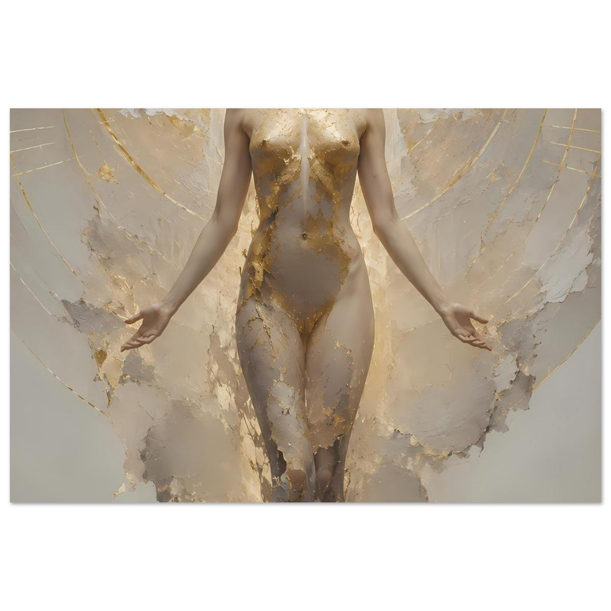 Poster mit schwebender Frauenfigur in Creme und Gold, Arme seitlich abgewinkelt im Motiv