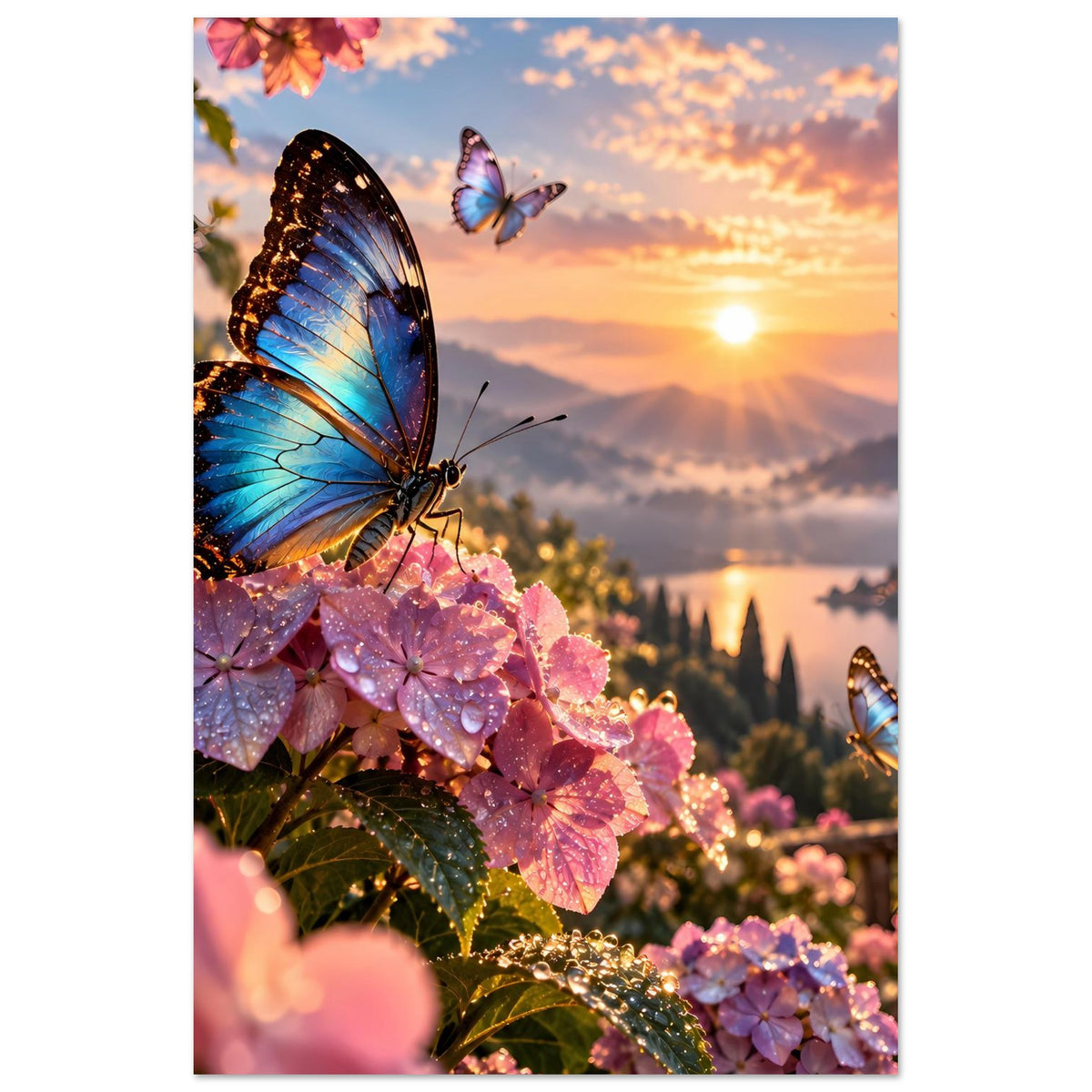 Hochformat-Poster: blaue Schmetterlinge auf rosa Blüten, goldenes Abendlicht