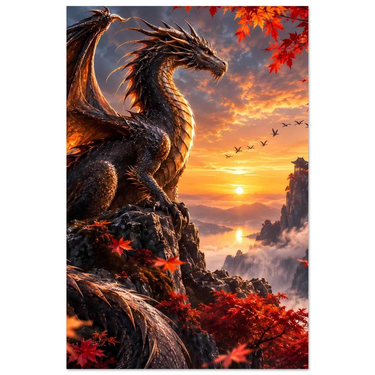 Vertikales Drachenposter: schwarzer Drache, rote Ahornblätter, Tempelturm über Nebel im Abendrot