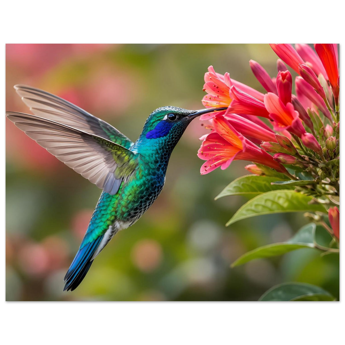 Naturposter mit Kolibri zwischen rosa Blüten, Querformat mit Rand