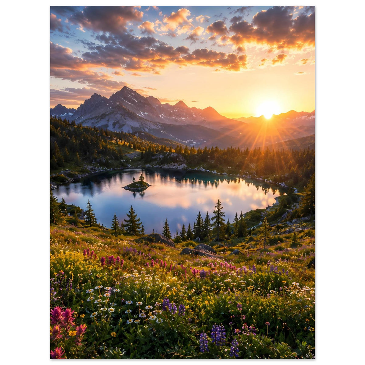 Poster mit Sonnenuntergangslandschaft: Bergsee, Berge, Blumenwiese und Nadelwald