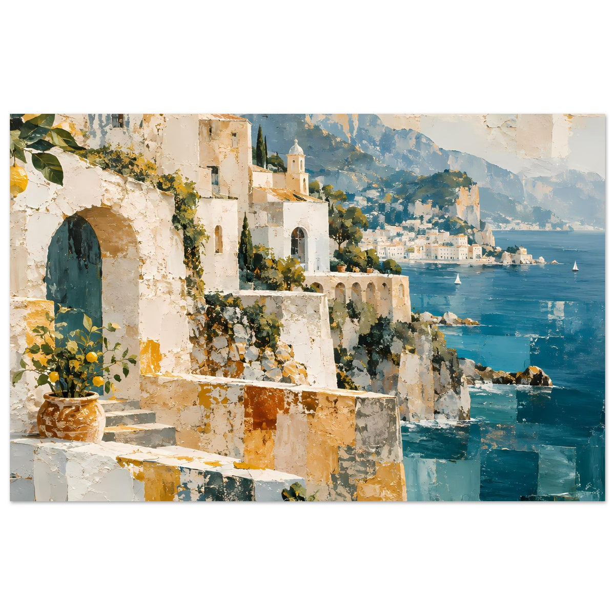 Kunstposter mit mediterraner Küstenlandschaft: ockerfarbene Häuser, tiefblaues Meer