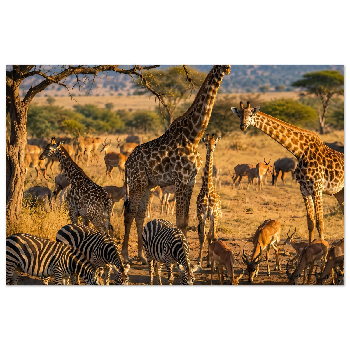 Poster mit Safari-Tiermotiv: Giraffen und Zebras an einer Wasserstelle im warmen Goldton