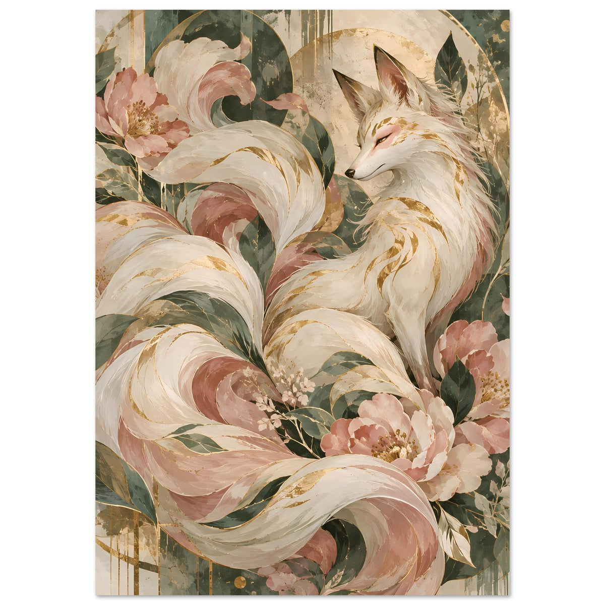 Poster mit stilisiertem Fuchs, floralen Elementen und sanften Rosé-, Grün- und Goldtönen