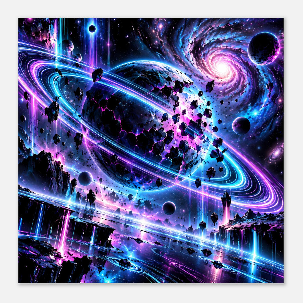 Neon-Galaxie-Poster im Querformat: Raumansicht mit Planeten, Neonrouten und Spiralnebel
