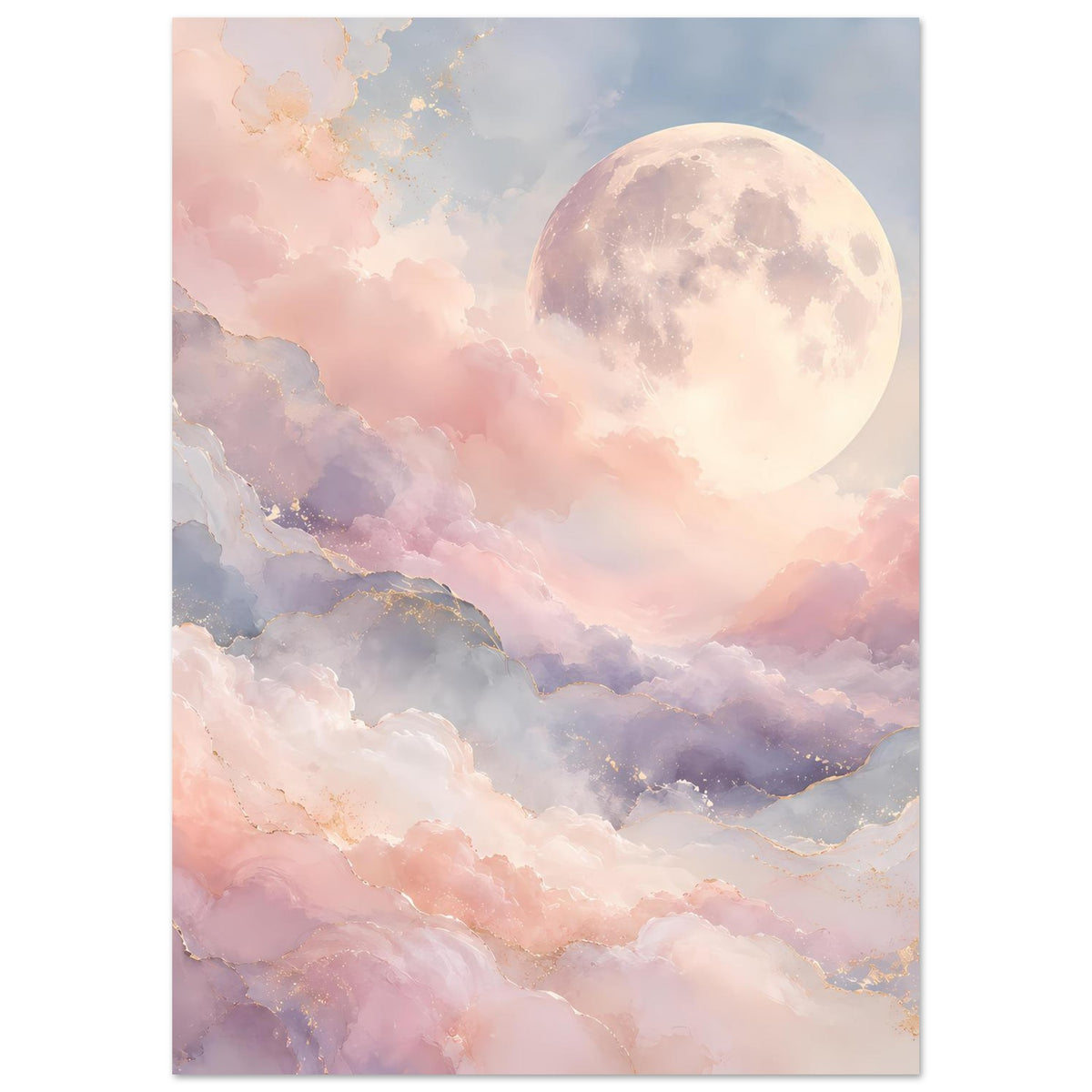 Poster mit Vollmond und wolkigen Bergen in Pastellfarben, Hochformat