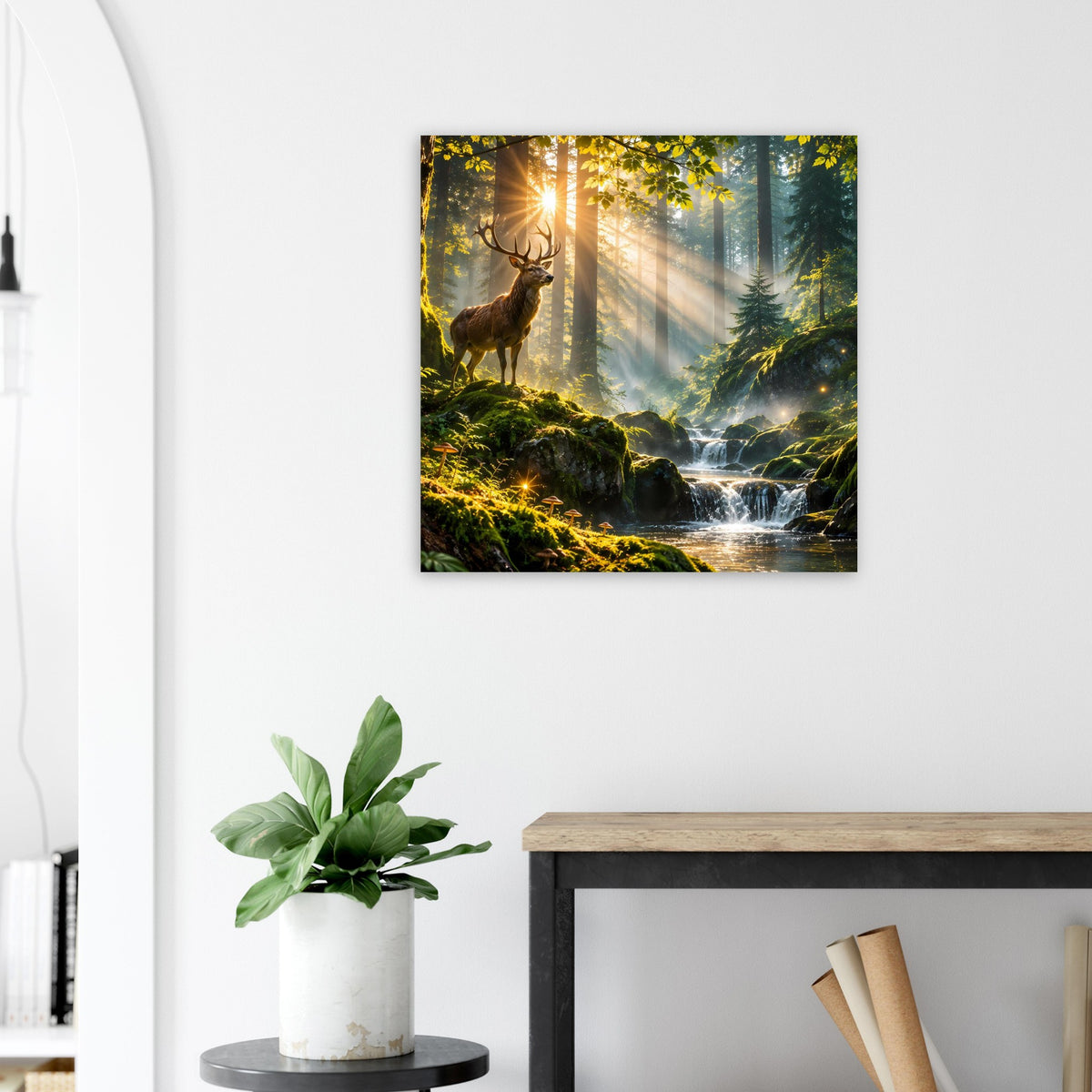 Quadratisches Poster mit Waldlicht, Hirsch und Wasserfall im Hintergrund