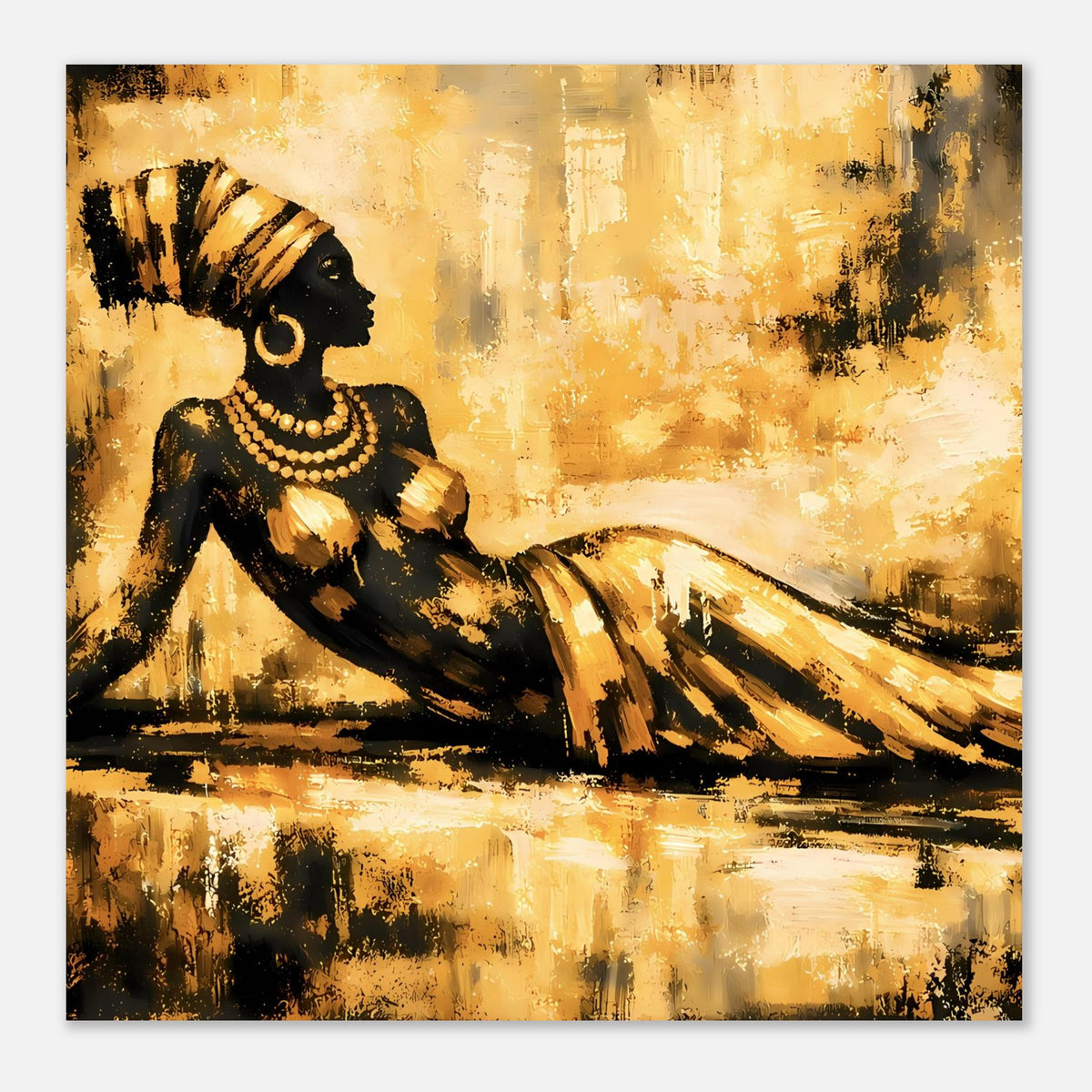 Goldfarbenes Kunstposter mit sitzender Frau, schwarze und goldene Details, abstrakte Textur