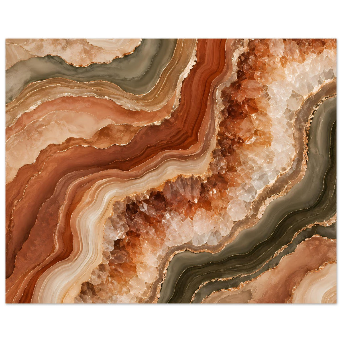 Geoden-Poster mit kräftigen Achatringen und kristalligem Innenrand in Braun, Beige und Dunkelgrün
