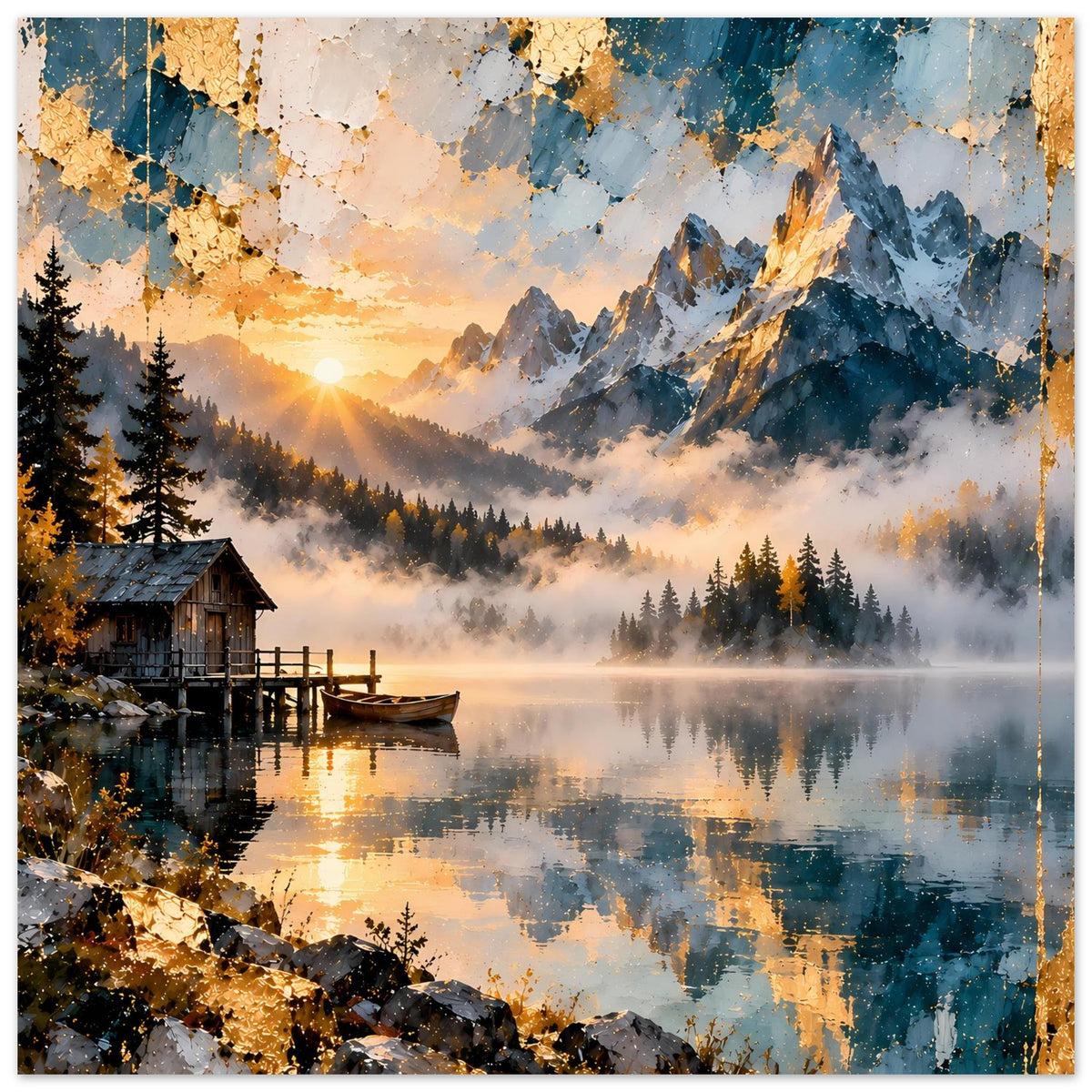 Wandposter, Panoramaansicht mit Bergsee, Holzsteg im Vordergrund, Nebel und Seespiegel