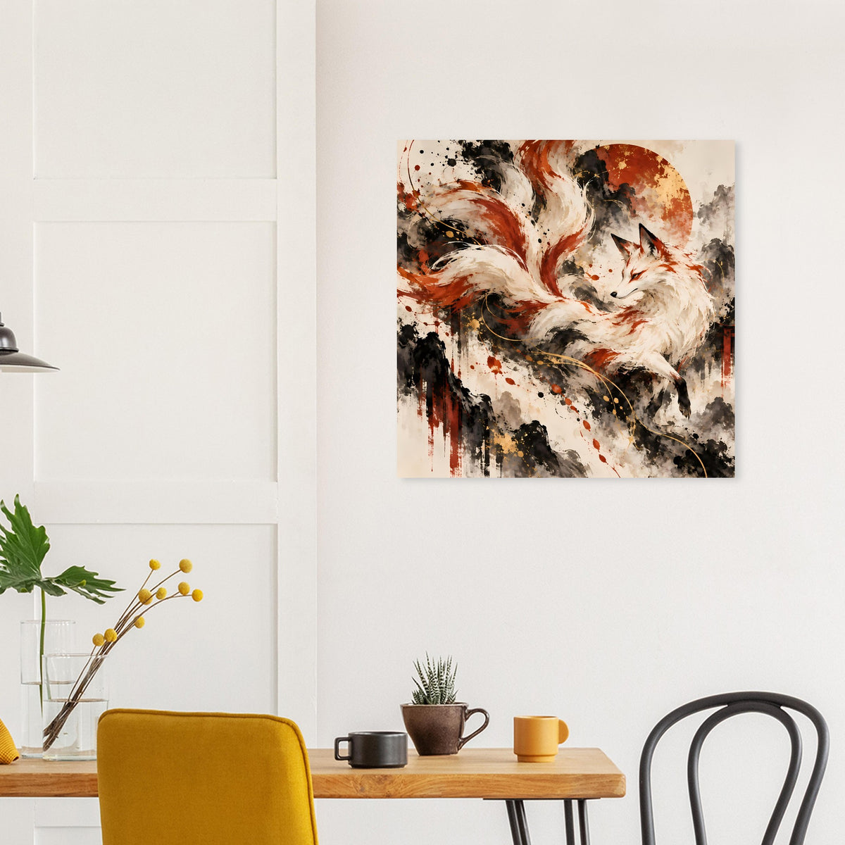 Quadratisches Wandposter mit neun-schweifigem Fuchs und Aquarell-Spritzern in Erdtönen