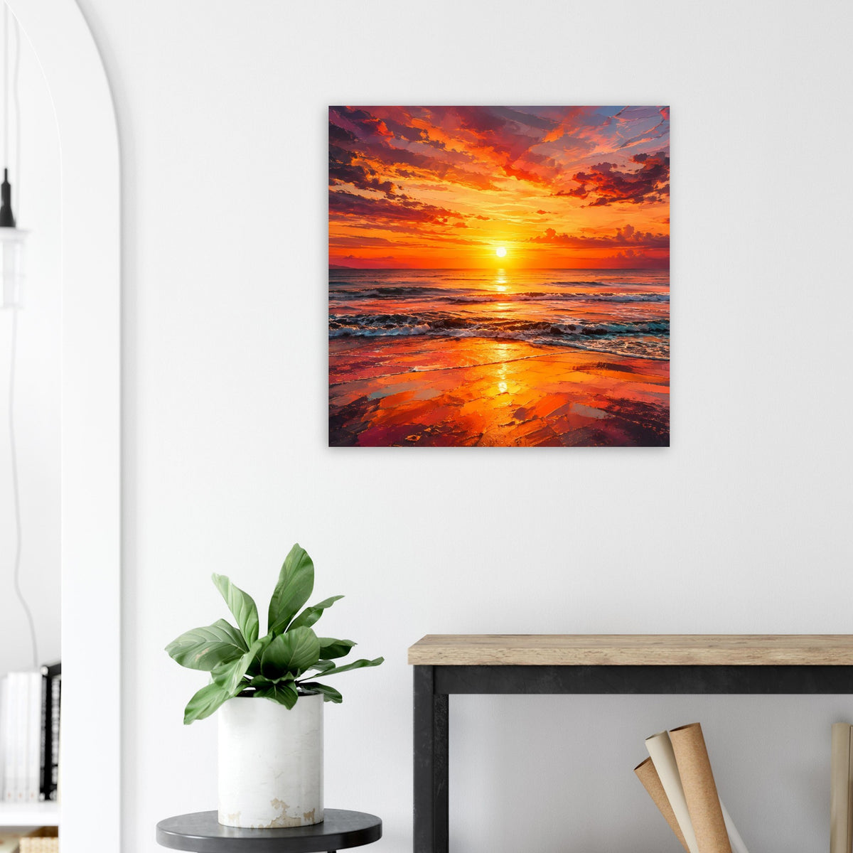 Quadratisches Poster mit Sonnenuntergang über dem Meer, leuchtende Sonne und glänzende Wellen