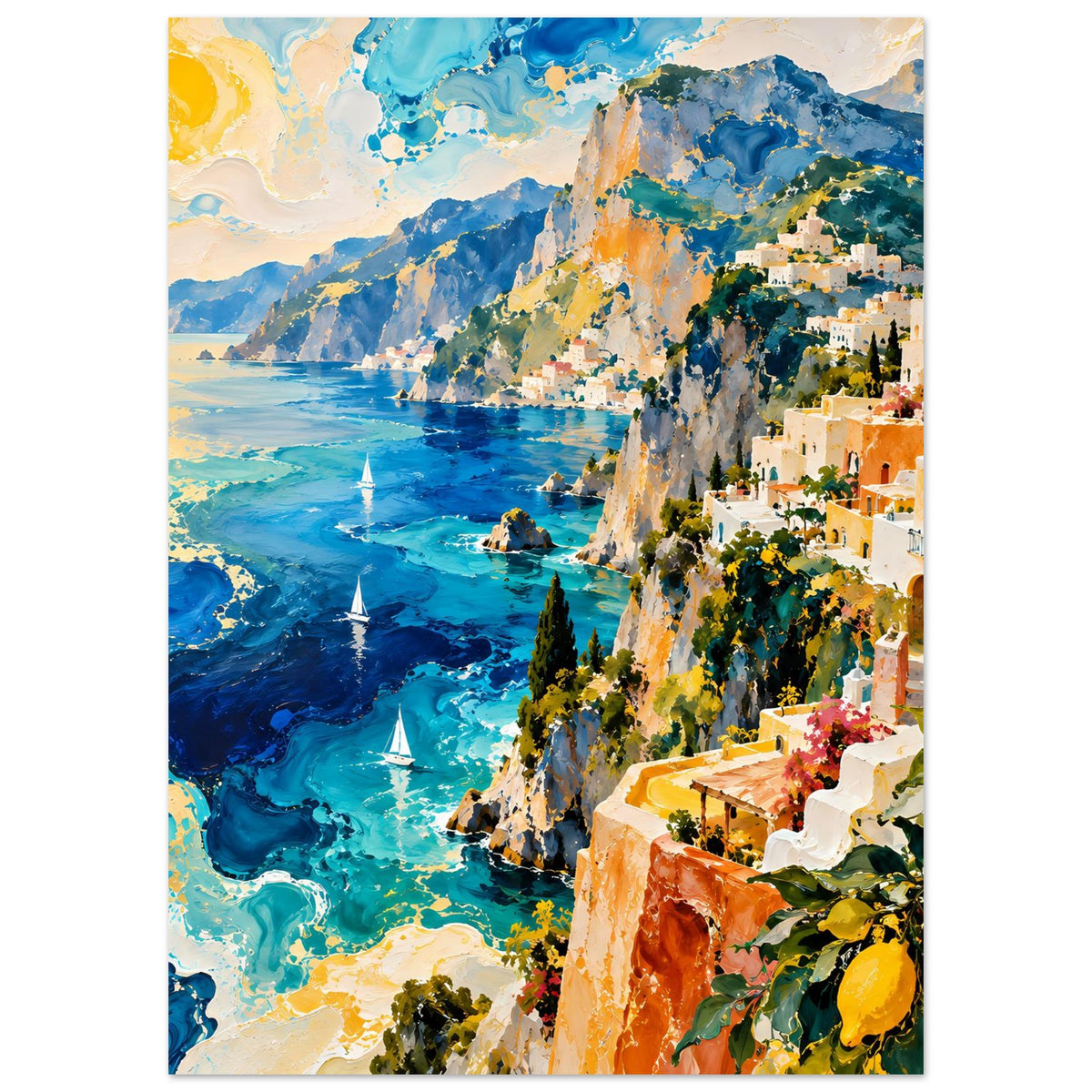 Landschaftsposter mit Küste: blaues Meer, steile Felswände und terrassenförmige Gebäude