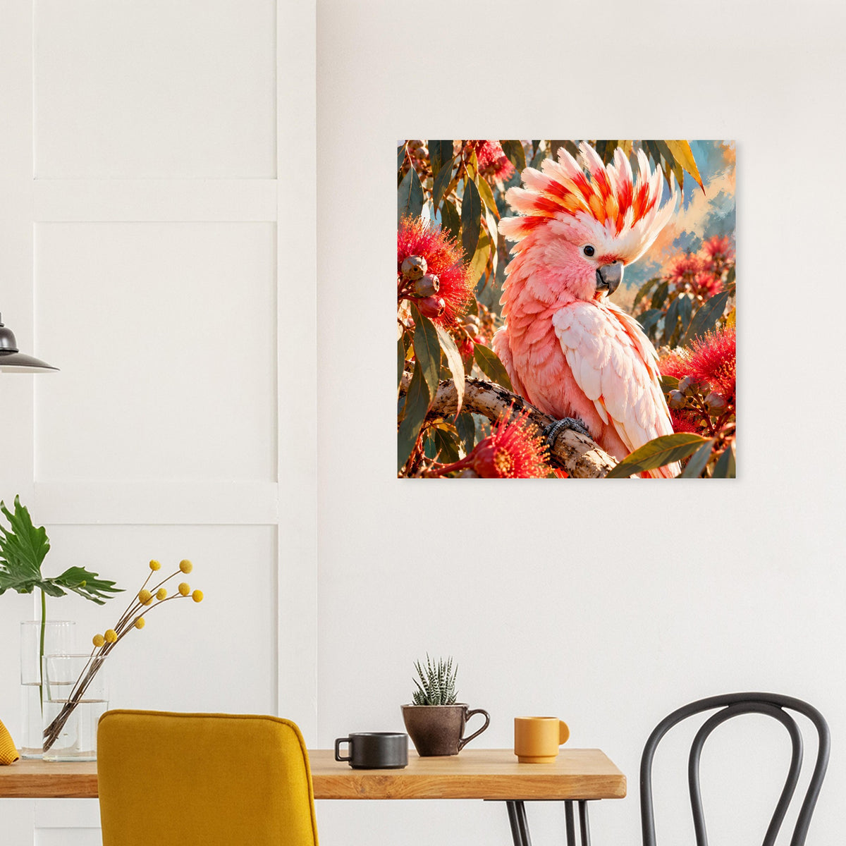 Wandposter mit rosa Kakadu auf Ast zwischen roten Blüten