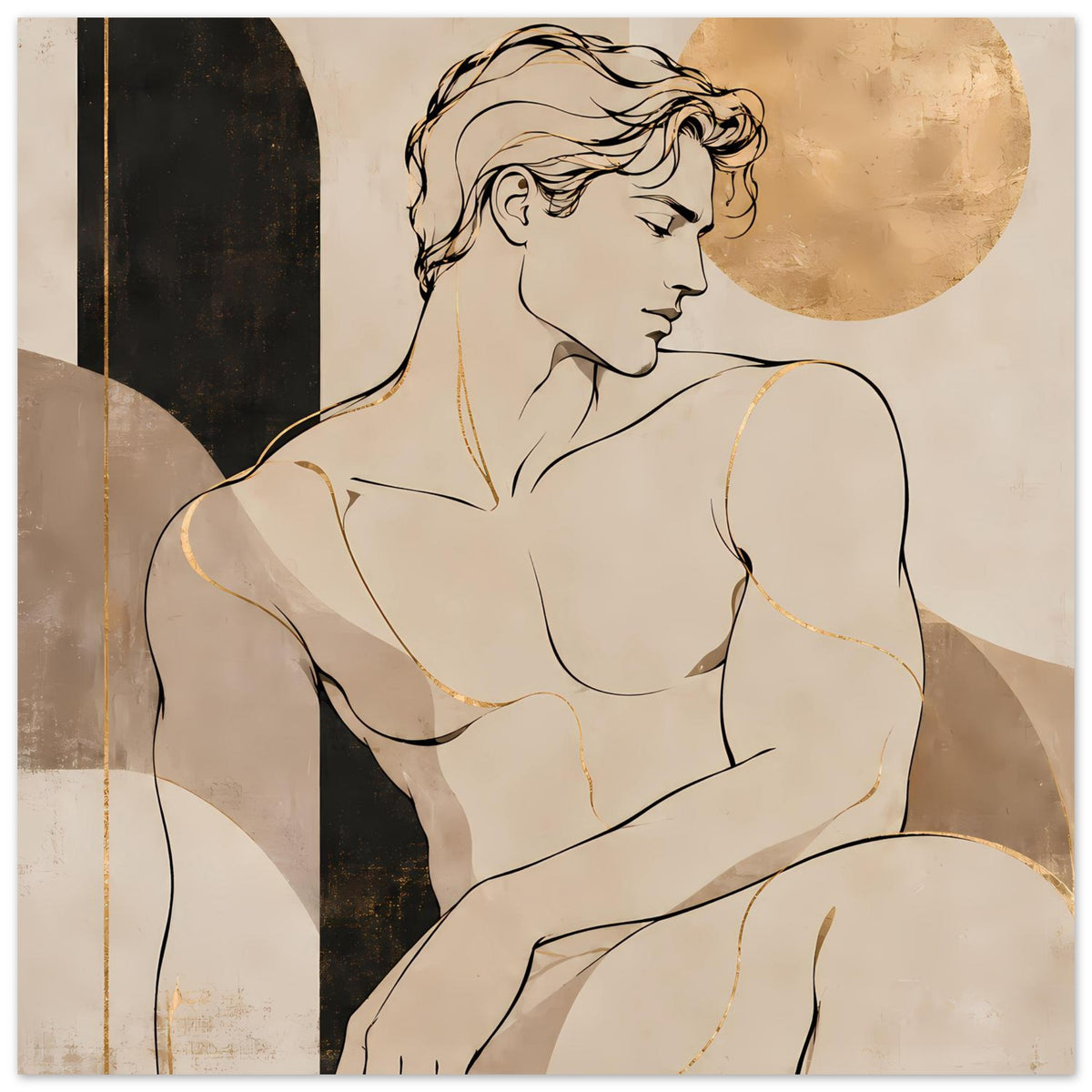Kunstdruck mit Aktfigur, Halbprofil, weiche Erdtöne, goldener Kreis und Linien