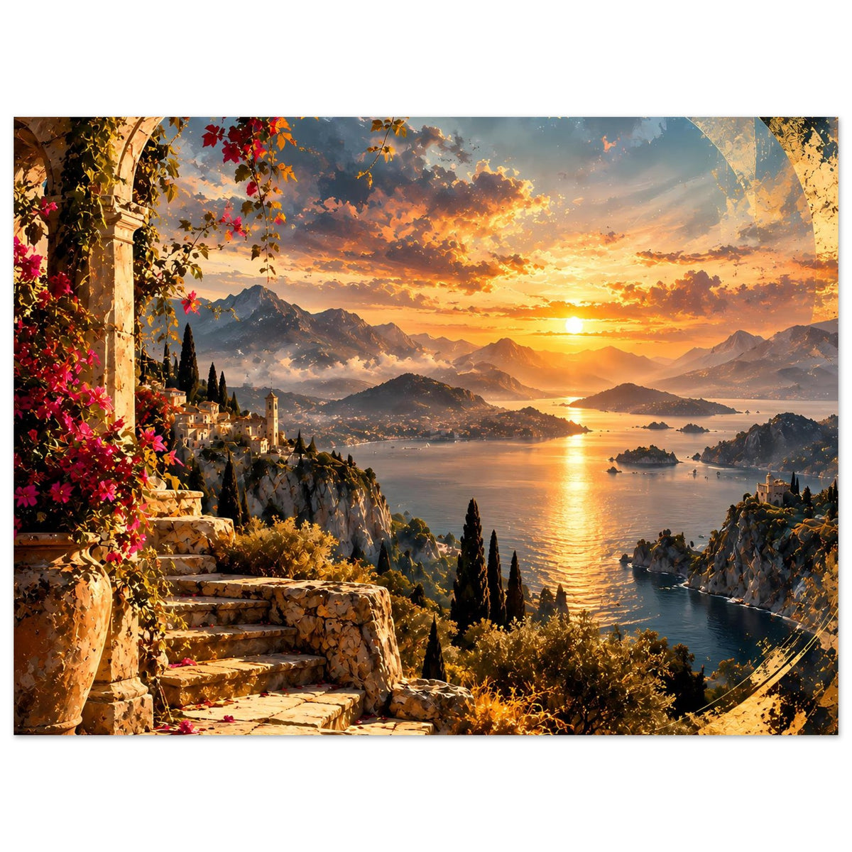 Küstenposter mit felsigen Ufern, goldener Wasserreflexion, Sonnenball am Horizont