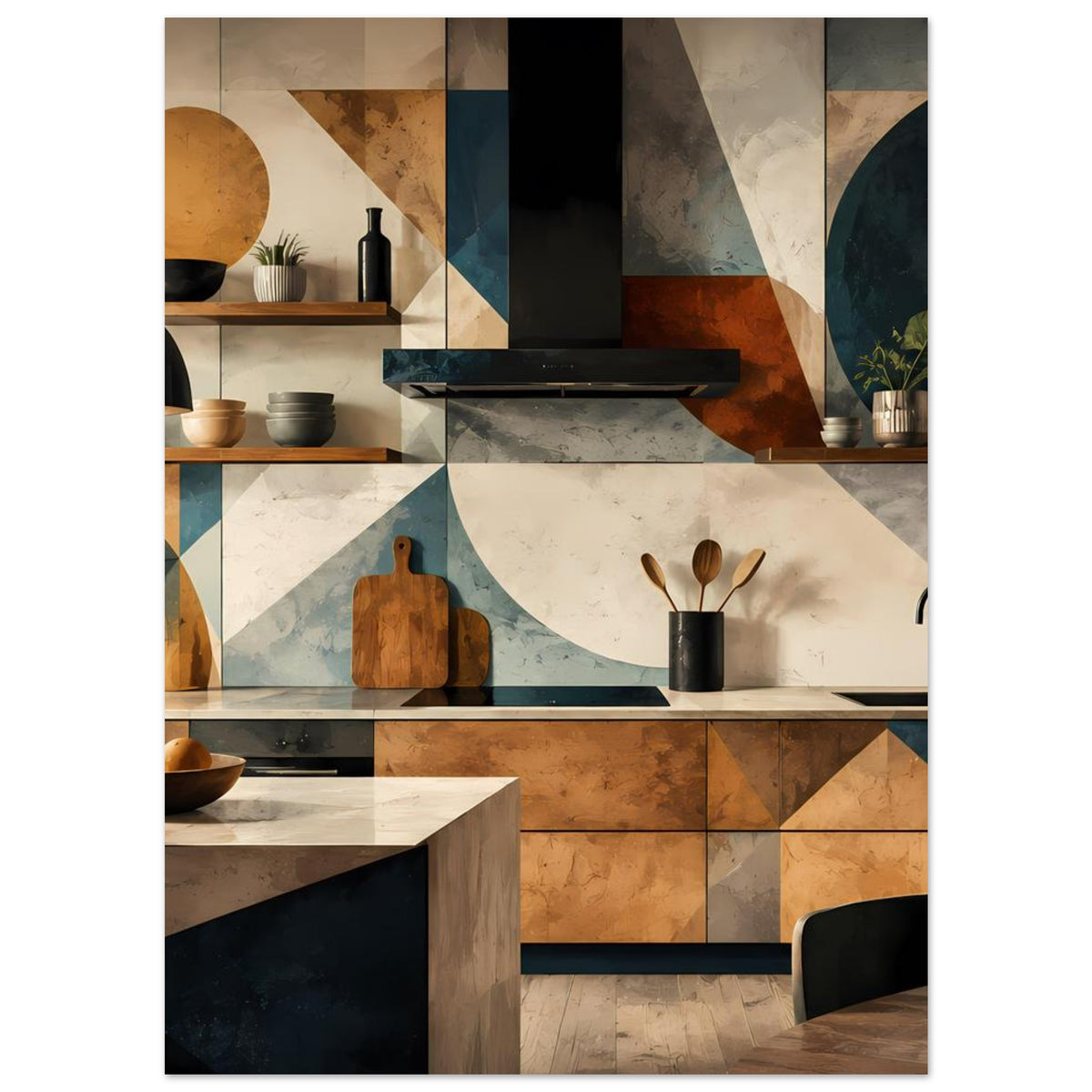 Küchenkunstposter im Rahmen, geometrische Küchenillustration mit Brett, Kochutensilien und Schalen
