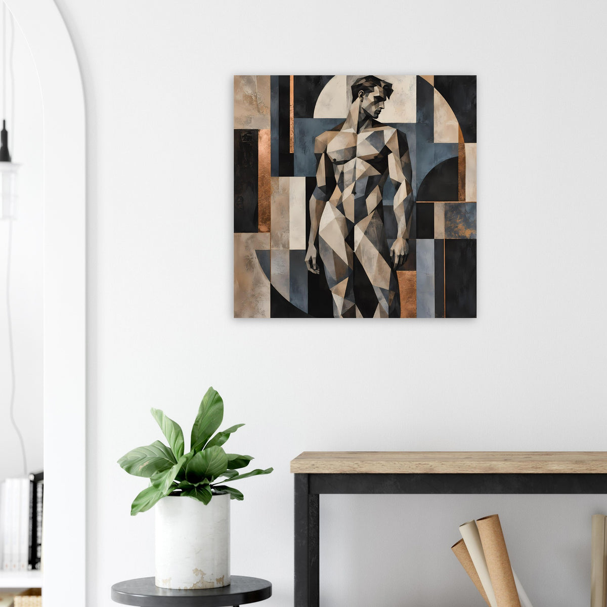 Kunstposter mit geometrischer Aktfigur im abstrakten Blockmosaik, erdige Farbflächen