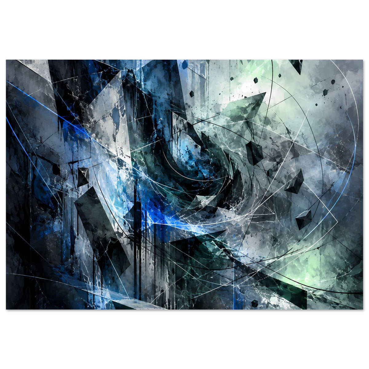 Abstraktes Kunstposter mit Blau- und Grüntönen, abstrakte Ebenen und Drahtlinien