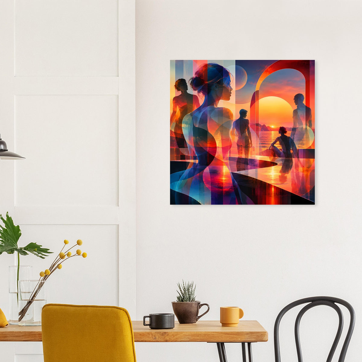 Kunstposter mit überlagerten Figuren und Sonnenuntergangslandschaft in Orange und Blau