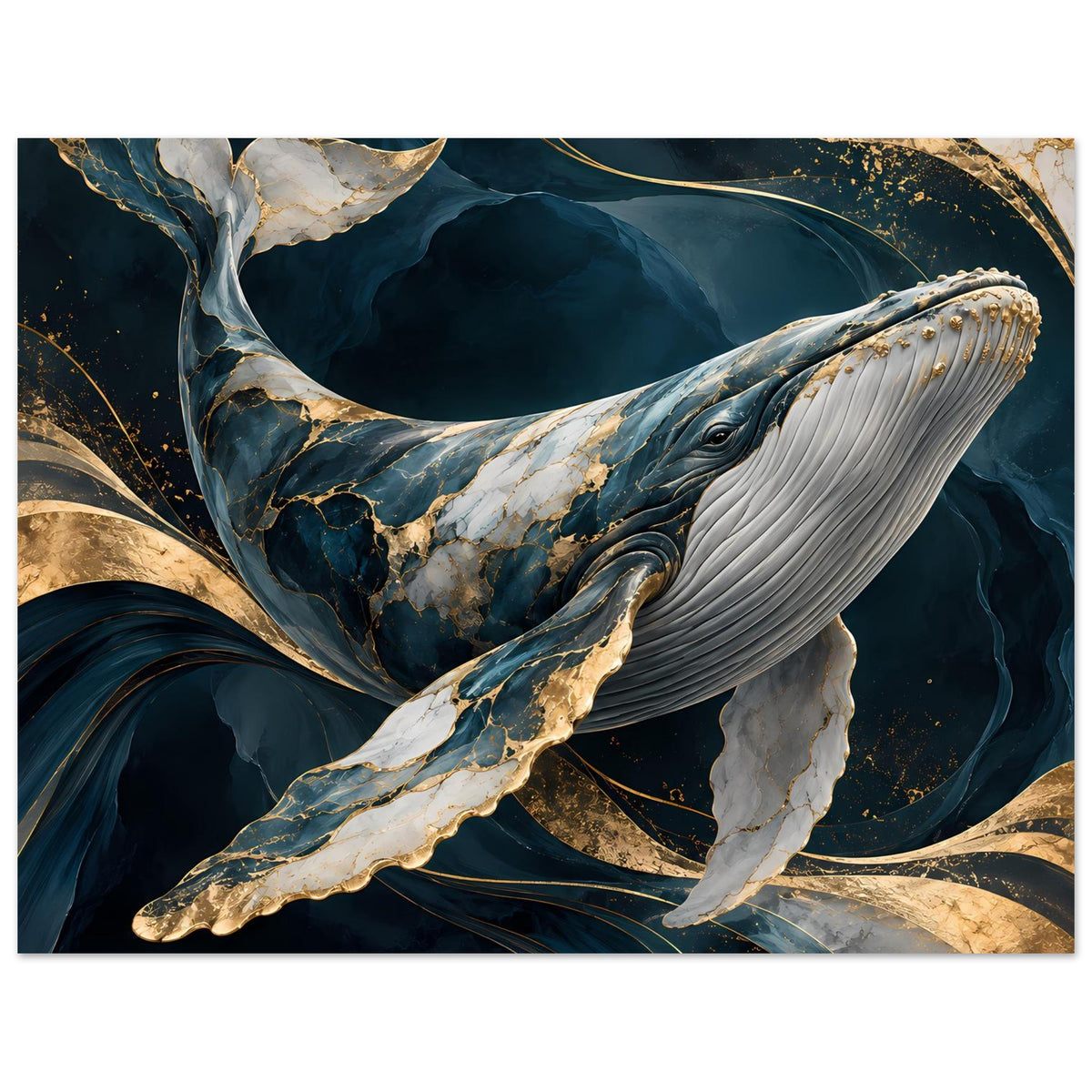 Horizontales Poster mit Blauwal, dunkelblauer Hintergrundgrafik und goldfarbenen Highlights.