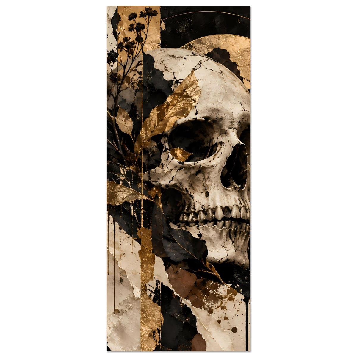 Kunstposter im Hochformat mit gotischem Totenschädel in Schwarz und Gold, Teilansicht