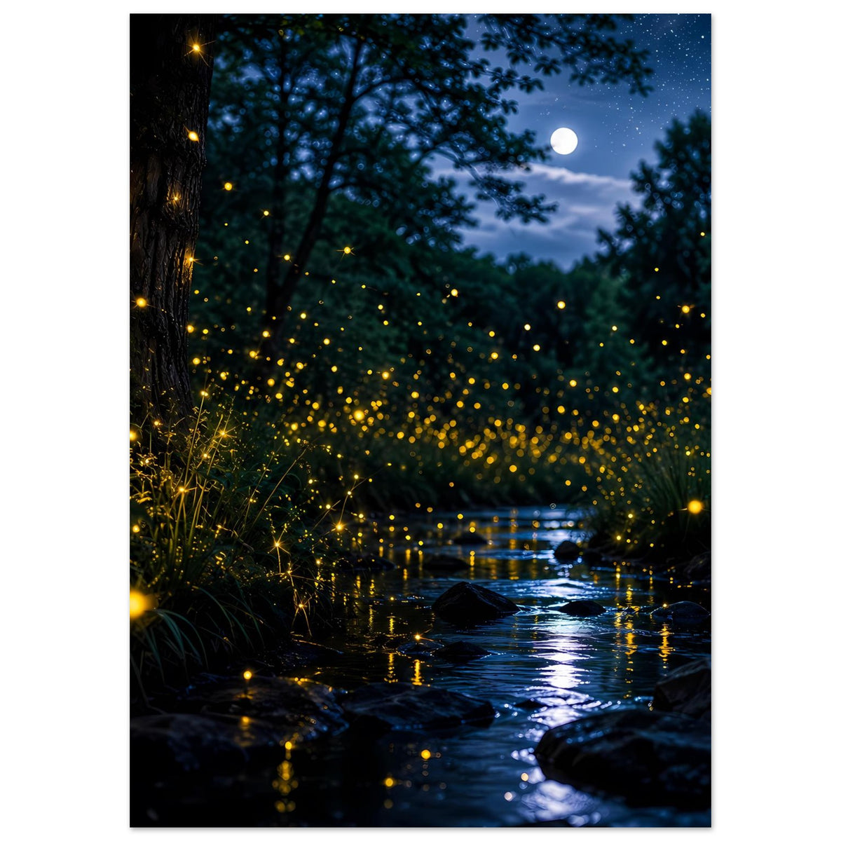 Leuchtendes Feuerfliegenposter mit Fluss, Mondsichel und vielen warmen Lichtpunkten