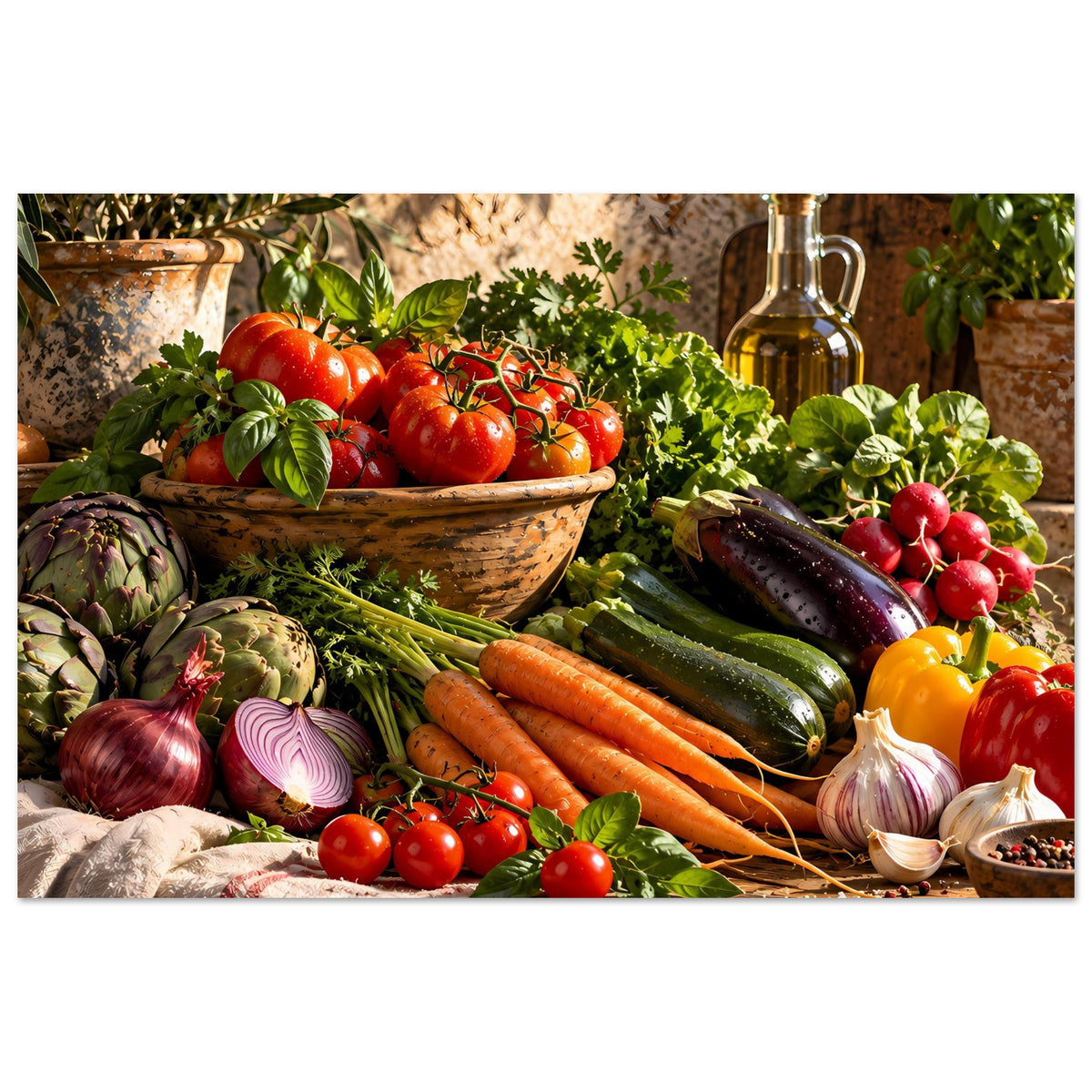 Küchenposter mit Gemüse: Tomaten, Karotten, Zucchini, Petersilie und Ölflasche