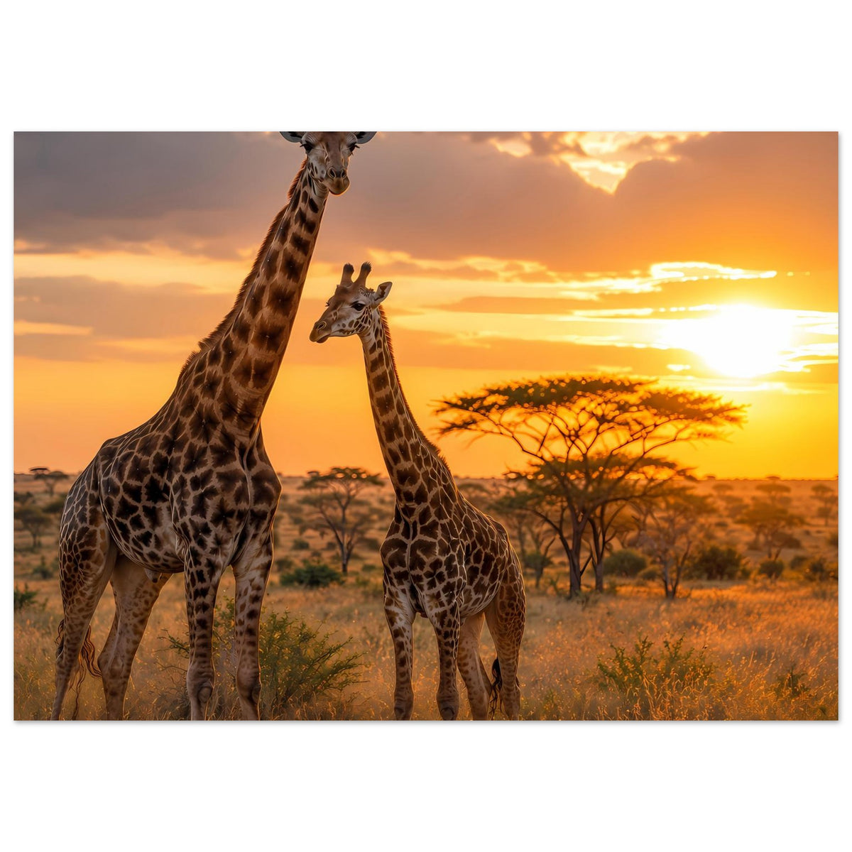 Poster mit drei Giraffen und Sonnenuntergang, senkrechte Ausrichtung, gerahmt
