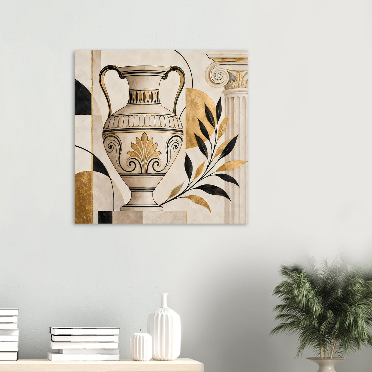 Wandposter mit Amphore im Vintage-Look, goldene Akzente und schwarze Ornamente
