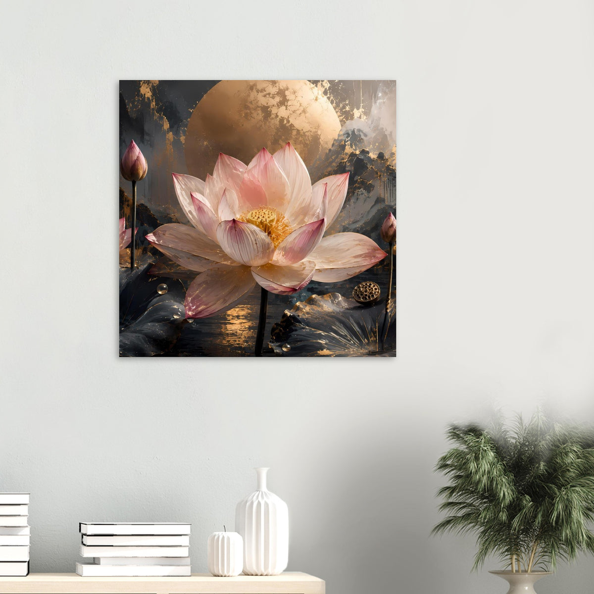Poster mit rosa Lotusblüte, goldenem Mond und dunklen Blättern, quadratisch
