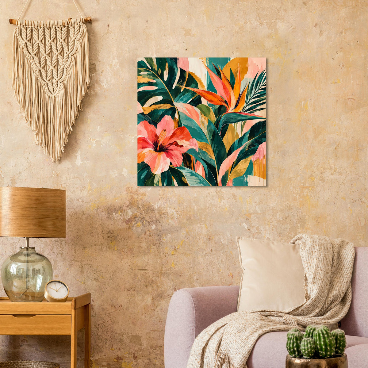 Quadratisches Kunstposter mit großen pinken Blüten und farbenfrohem Tropenblattwerk